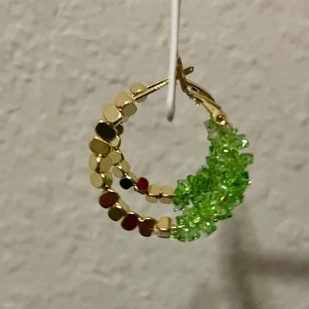 New! Retro Style Copper Crystal Hematite Earrings Green & Gold Huggie